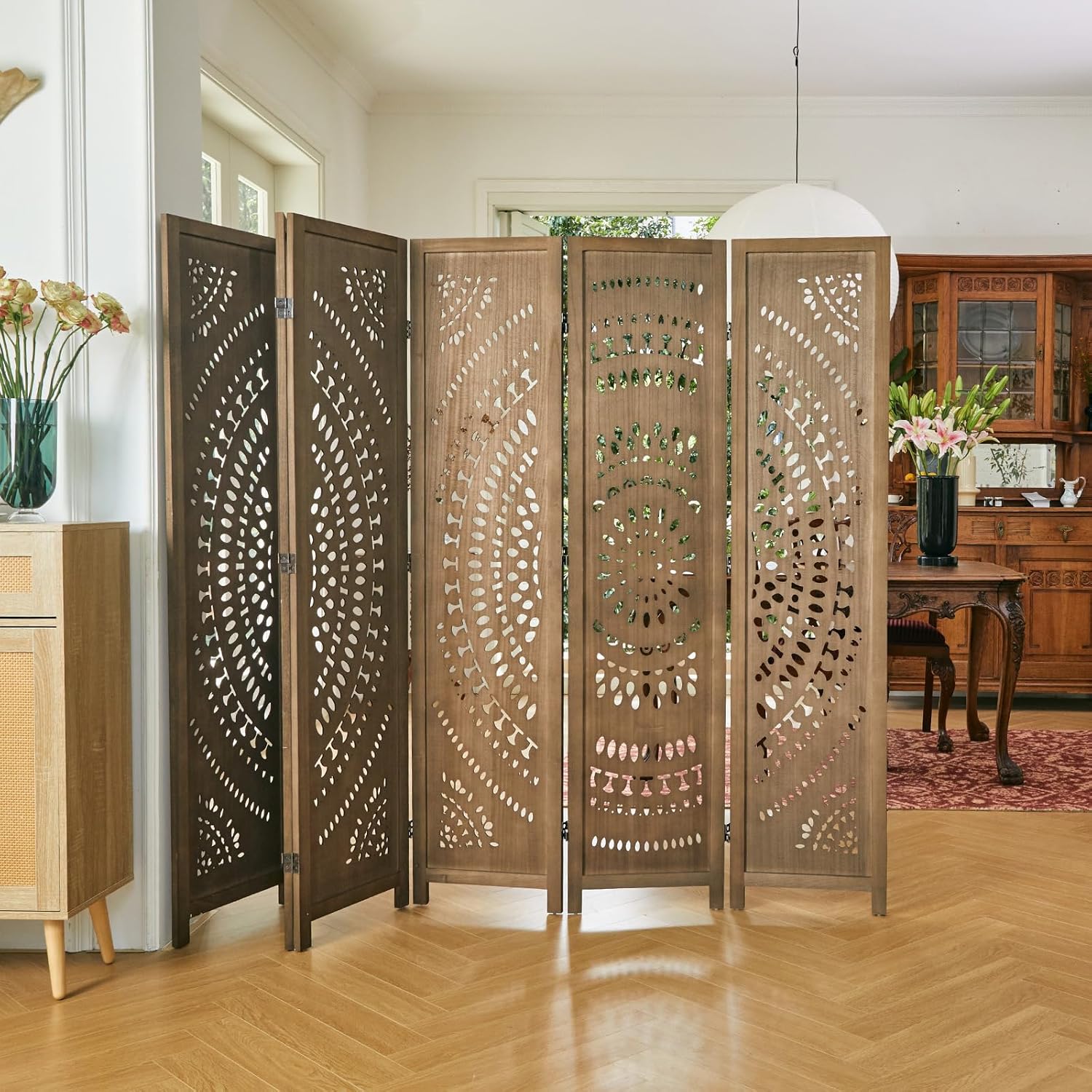 66.9Inch Folding Room Divider, 6 Panels Wood Carved Privacy Screens Free Assembled Freestanding Partition for Bedroom Home Office (Brown)