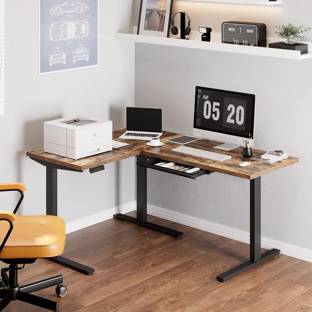FLEXISPOT L Shaped Standing Desk, 63 x 47 Inch Electric Height Adjustable Corner Desk, Sit Stand Computer Workstation, Preset Controller, Home Office, Black Frame with Rustic Brown Top, Black Drawer