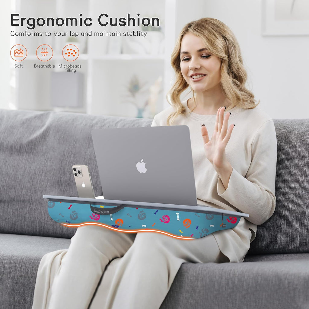 Millhome Lap Desk | Portable Laptop Desk – Fits Up to 17.3" Laptops – Detachable & Washable Cushion, Phone Holder, Device Ledge – for Writing, Working, Reading on Bed, Couch, Floor – Maui Blue Skull