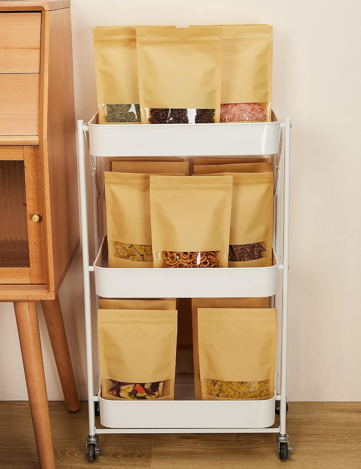 FireKylin 100 Pcs Brown Paper Bags with Window, 7.9" x 11.8" Stand Up Pouches Bags, Zipper Food Storage Bags for Packaging Products, Reusable, Sealable
