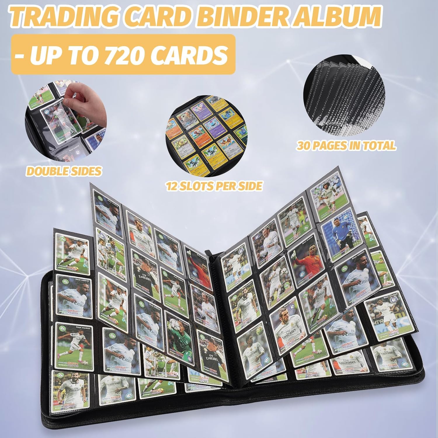 Trading Card Binder 12 Pocket, GERMUN PU Cover Card Binder for 720 Cards, Premium Trading Card Holder Folders, Double Sided Pocket Card Album for MTG, TCG (Black)