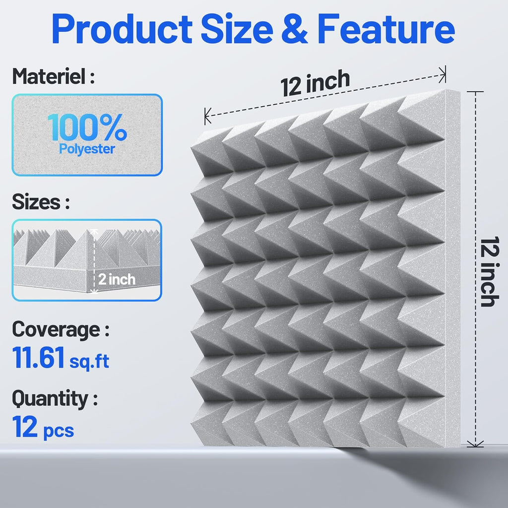 12 Pack Pyramid Sound Proof Foam Panels for Walls with Updated Self-Adhesive 2"X12"X12" High Density Acoustic Panels Sound Absorbing Fast-Expanding Soundproof Wall Panels for Gaming Studio Decor- Gray