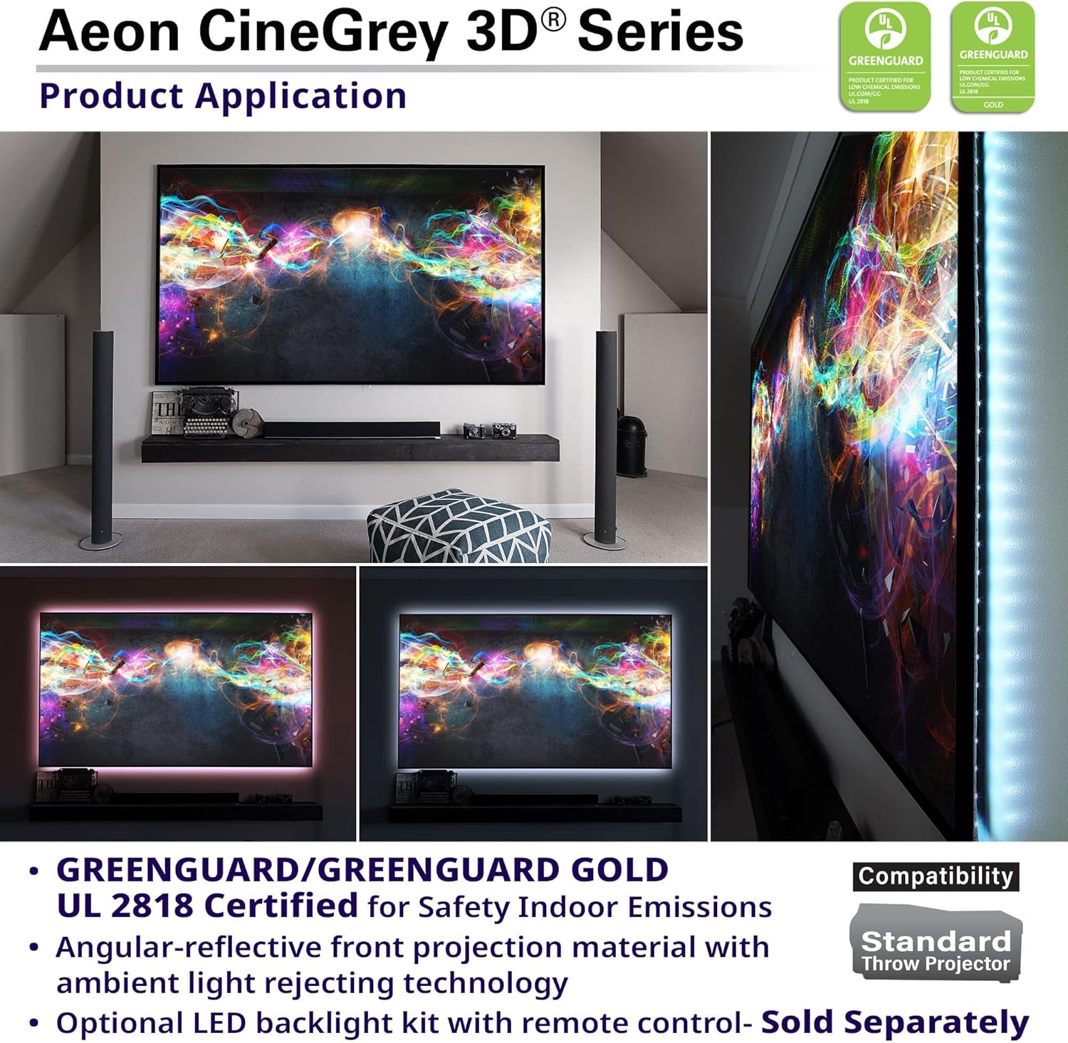 Elite Screens 158 inch CLR/ALR Projector Screen 16:9 4K, Standard Throw Projection, Edge Free Ambient Light Rejecting Grey for Indoor Movie Screen Home Theater - Aeon CineGrey 3D- AR158DHD3
