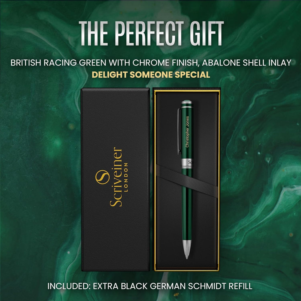 Scriveiner Personalized British Racing Green Pen - Stunning Green Lacquer Luxury Pen with Chrome Finish, Schmidt Ink Refill, Best Engraved Ball Point Gift Set for Men & Women, Custom Name Engraving