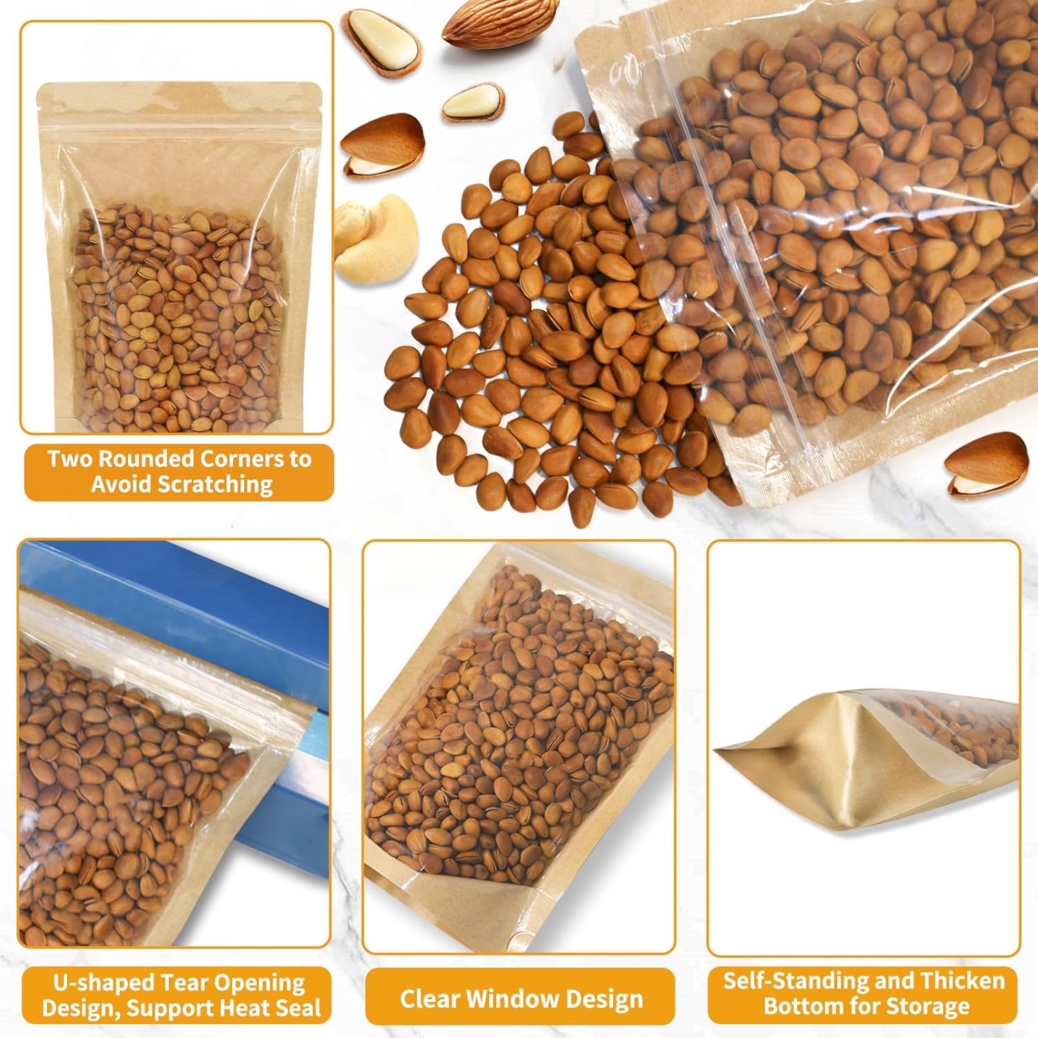 100 PCS Resealable Bags, Stand Up Kraft Bags with Window Clear Front Pouches, Zipper Lock Food Storage Bags 7.08×10.23 Inch Reusable Sealable Bags for Packaging