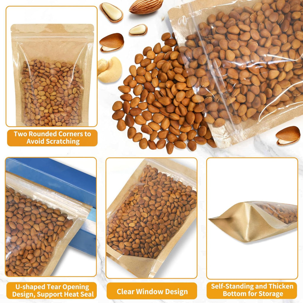 100 PCS Resealable Bags, Stand Up Kraft Bags with Window Clear Front Pouches, Zipper Lock Food Storage Bags 6.29×9.44 Inch Reusable Sealable Bags for Packaging
