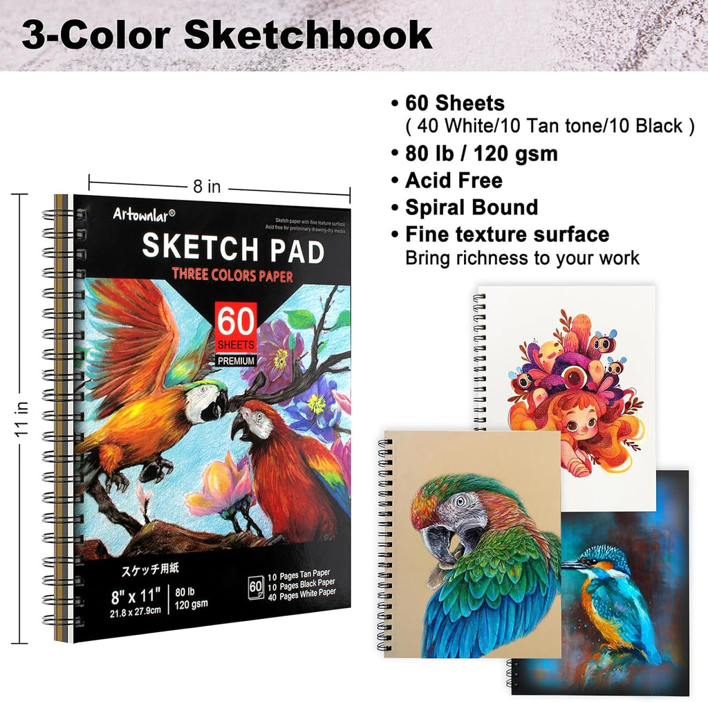 Artownlar 72 Pack Drawing Sketching Set with 8x11 Sketchbook | Pro Art Supplies Kit for Artist Adults Teens Beginner | Graphite Charcoal, Watercolor & Metallic Colored Pencils in Gift Case.
