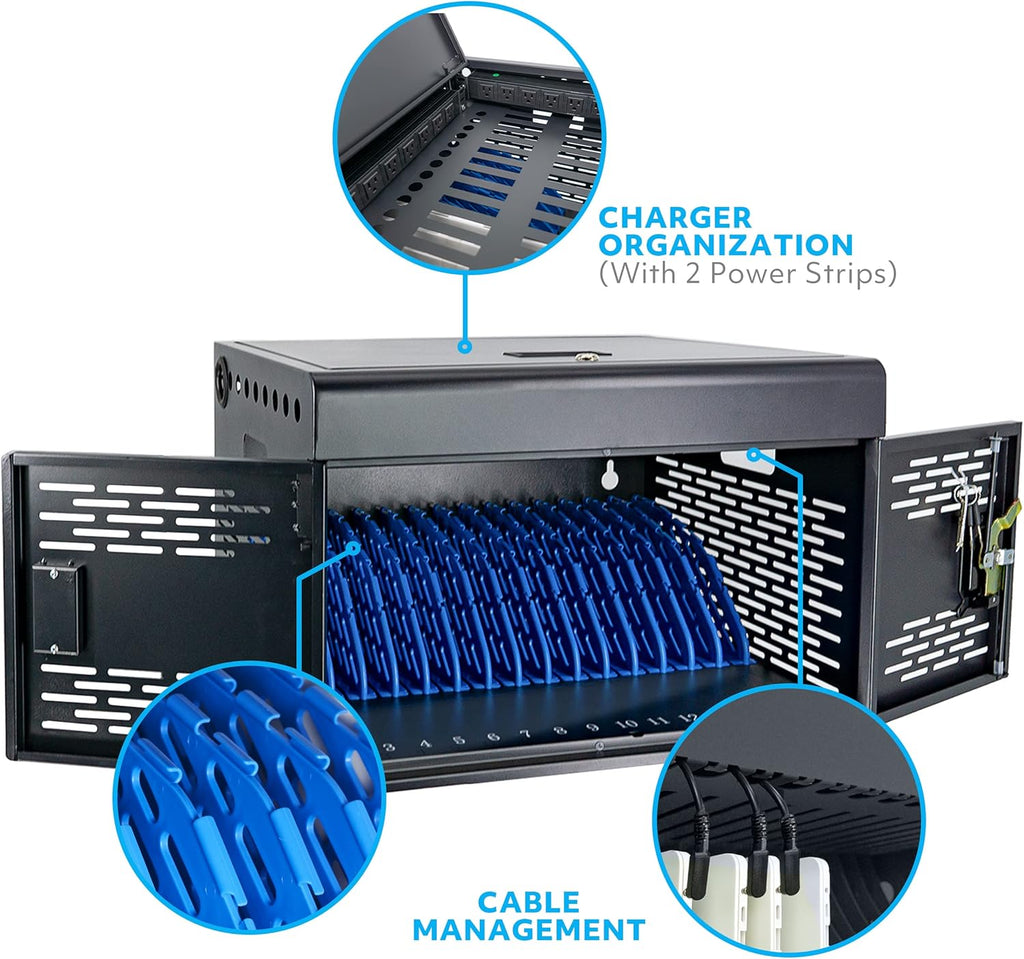 POCHAR 16-Unit Charging Cabinet for Laptops & Tablets - Locking Laptop Storage Box with Cable Management, Charger Storage, and Ground Protection for Classroom, Library, and Office (Black)
