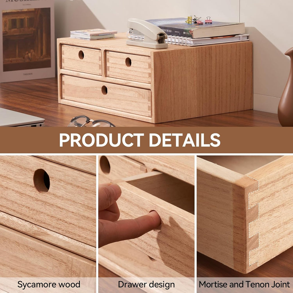 Kirigen Natural Wooden Desktop Organizer - Office Supplies Filing Tidy Storage Shelf - Storage Cabinet/Jewelry Organizer with 3 Drawers (NA, 2-Layer &3 Drawers)
