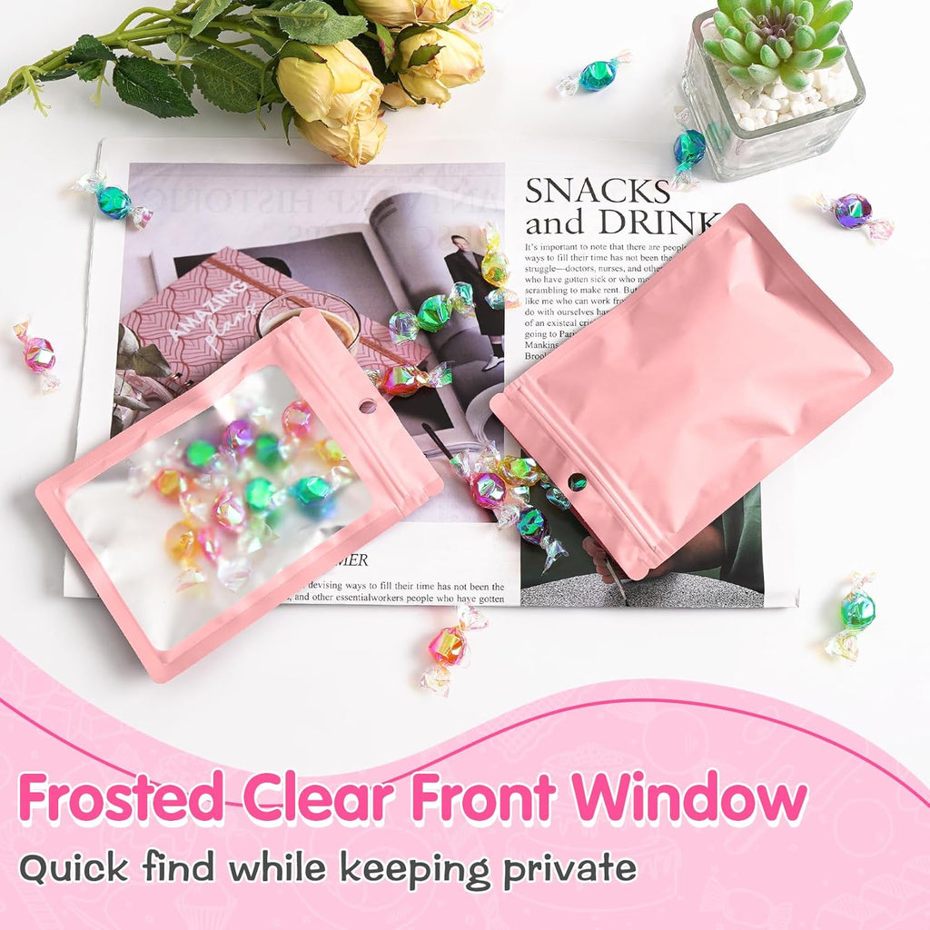 FUNFERY 100 Pack Mylar Resealable Bags Foil Packaging Bags with Clear Window,Zipper Pouch Smell Proof Bag for Food Storage,Cookies,Sample,Small Business(Pink,2.4x3.9inch)