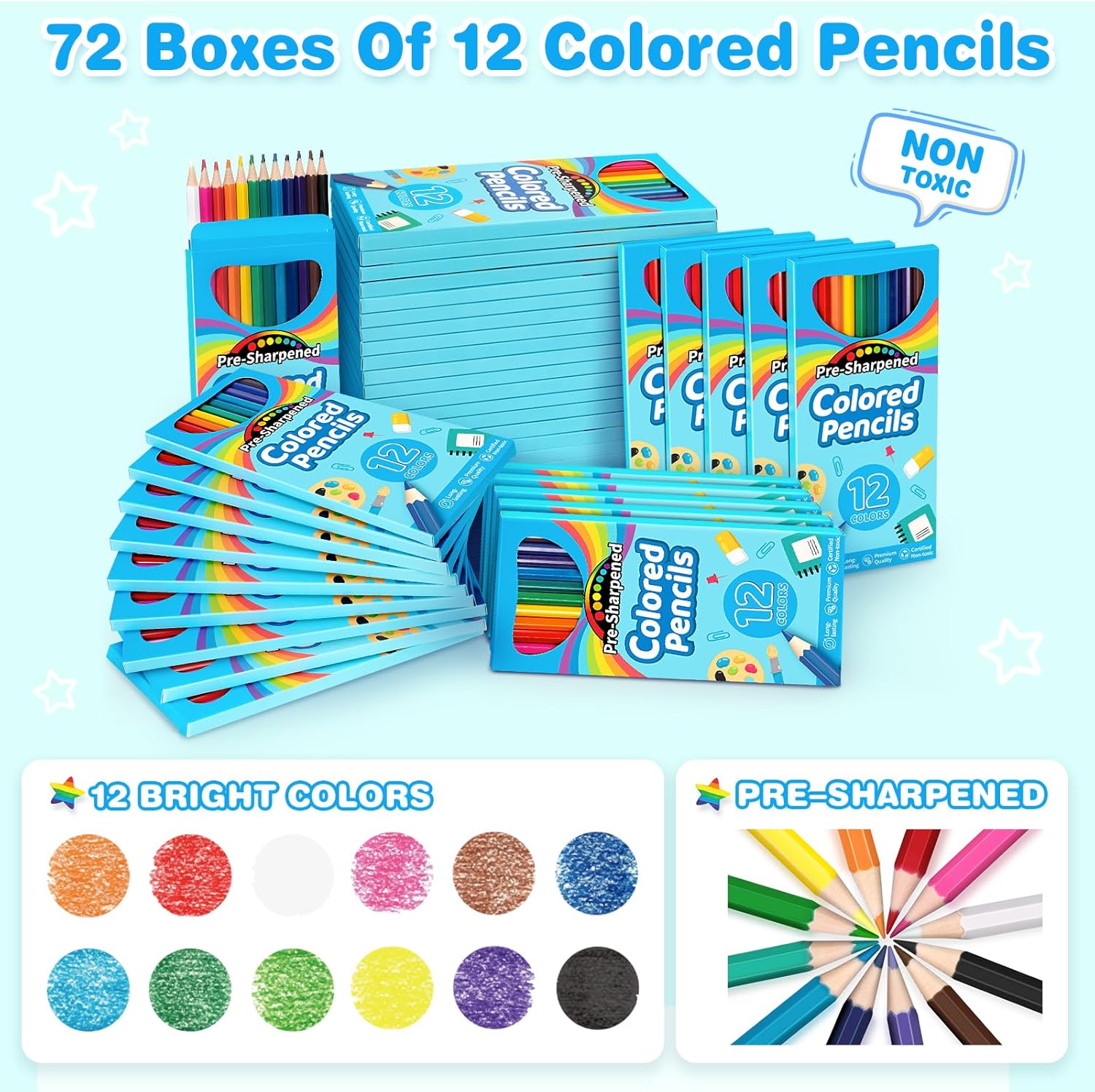 864 Count Colored Pencils Bulk, 72 Pack Colored Pencils for Kids, Pre-sharpened Coloring Pencils in 12 Vibrant Colors, Bulk School Supplies for Teachers, Classroom Prizes, Drawing Art Supplies