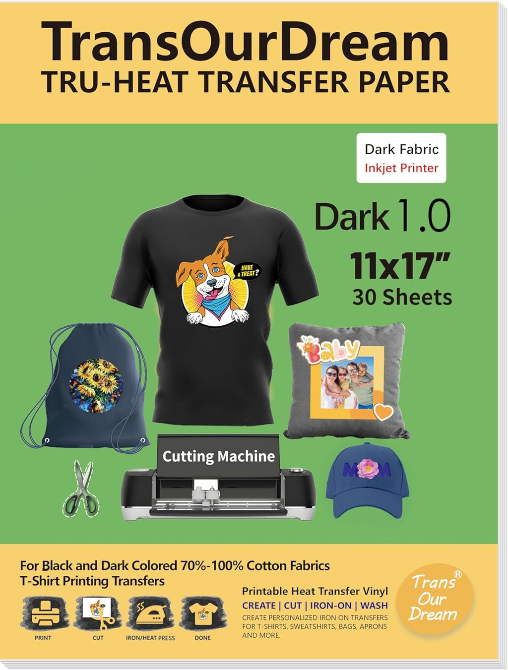 TransOurDream Dark Heat Transfer Paper for T Shirts (30 Sheets, 11x17") Printable HTV Heat Transfer Vinyl for Inkjet Printer Iron on Transfers for Dark Fabrics