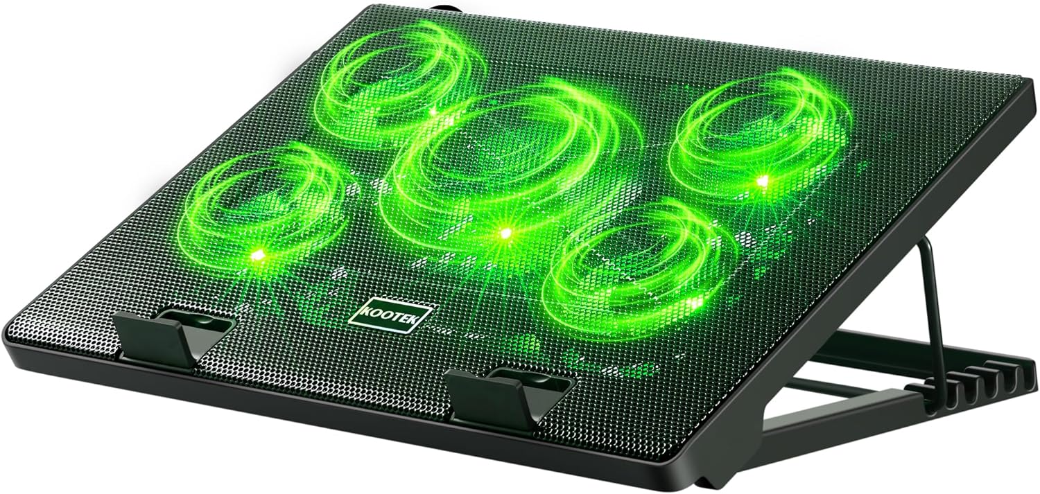Kootek Laptop Cooling Pad, Laptop Cooler with 5 Quiet Fans for 12"-17" Computer PC Notebook Gaming Laptop Fan, Height Adjustable Laptop Cooling Stand Laptop Accessories, Green
