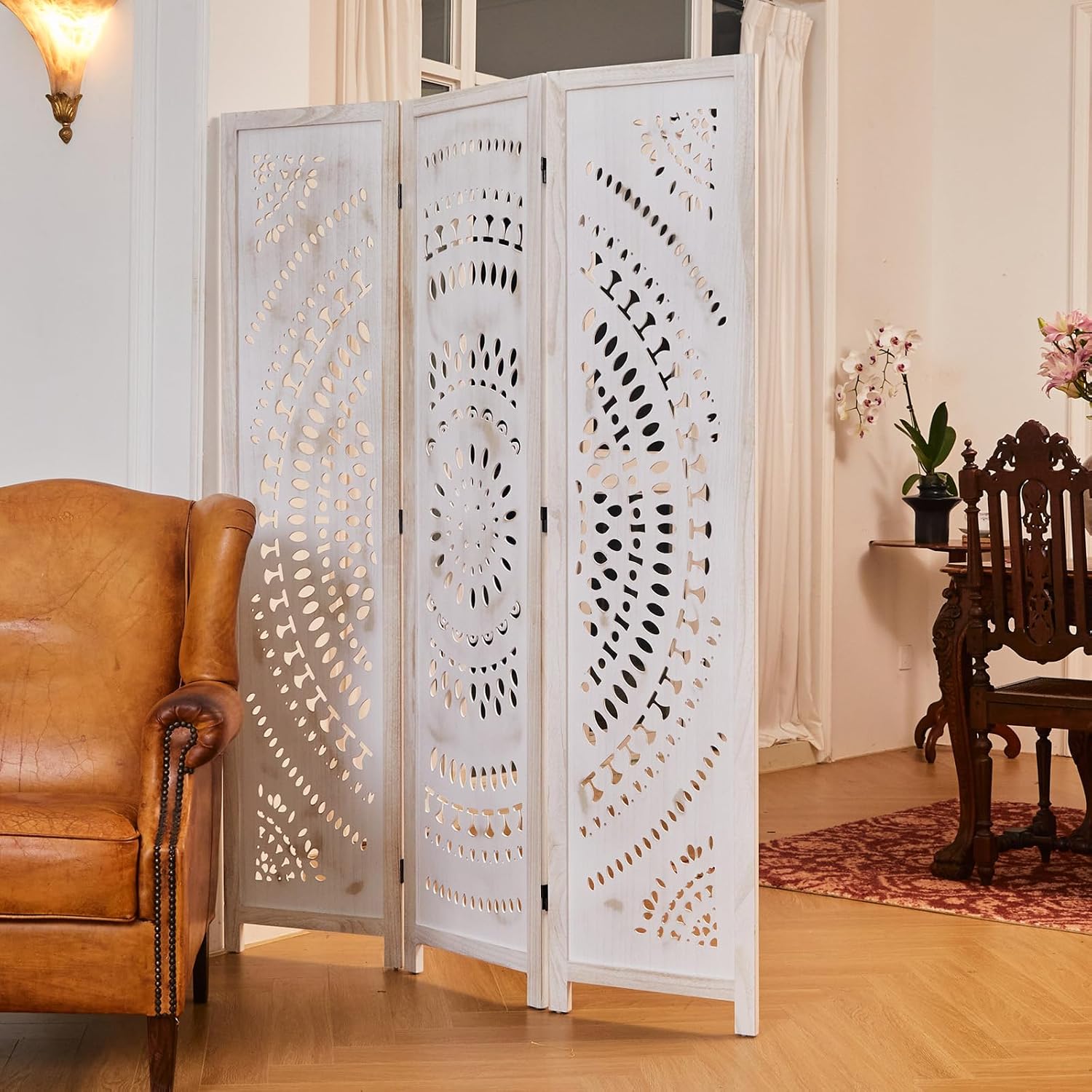 66.9Inch Folding Room Divider, 3 Panels Wood Carved Privacy Screens, Free Assembled Freestanding Partition for Home Office Restaurant Bedroom (White-Washed)
