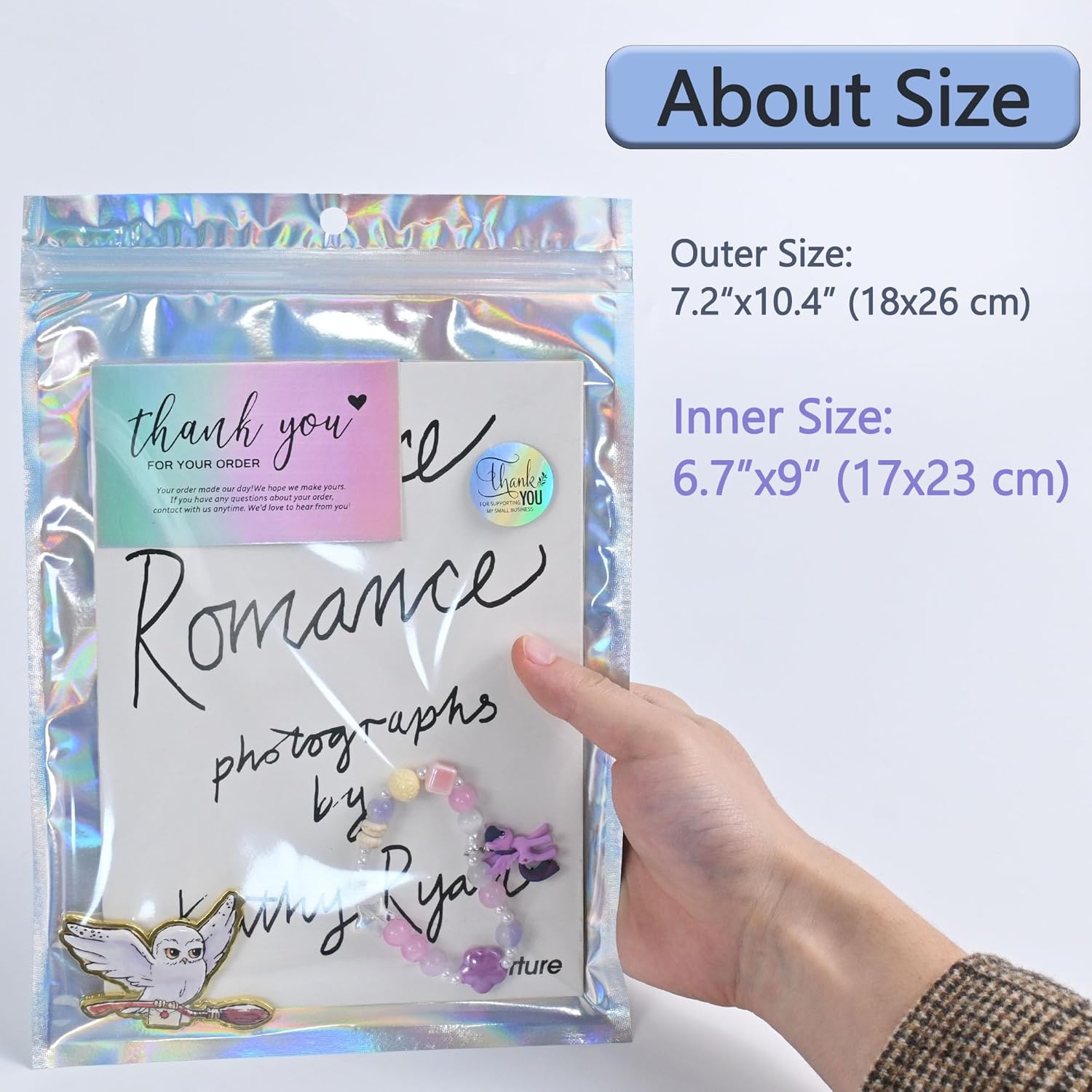 100 Pack Holographic Resealable Plastic Bags for Food Storage, Zipper Bags with Clear Front Window, Packaging Pouch for Small Business (7.2x10.4 inch)