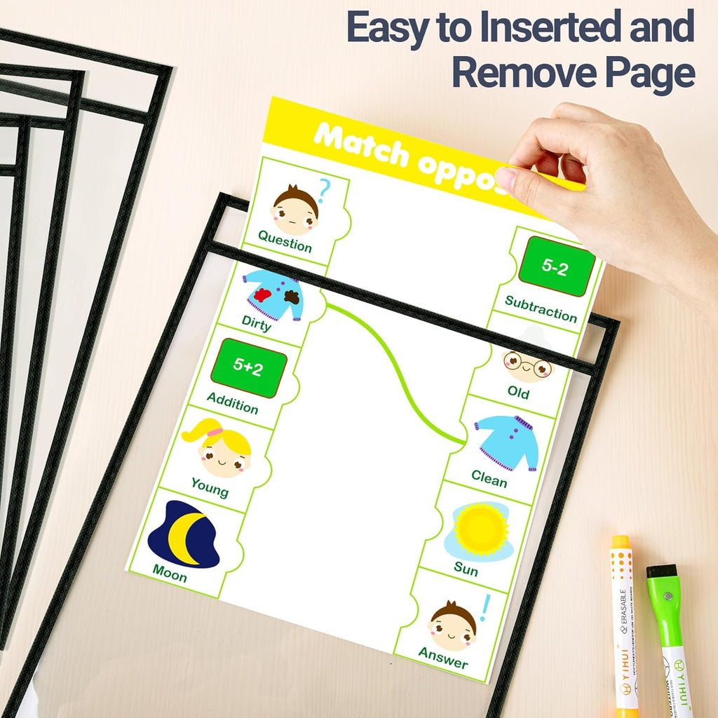 5 Pack Oversized Dry Erase Pocket Sleeves Reusable 10 x 13 Inches Black Shop Ticket Holders Clear Plastic Sleeves Sheet Protectors for Documents, Teacher Classroom & Office Supplies