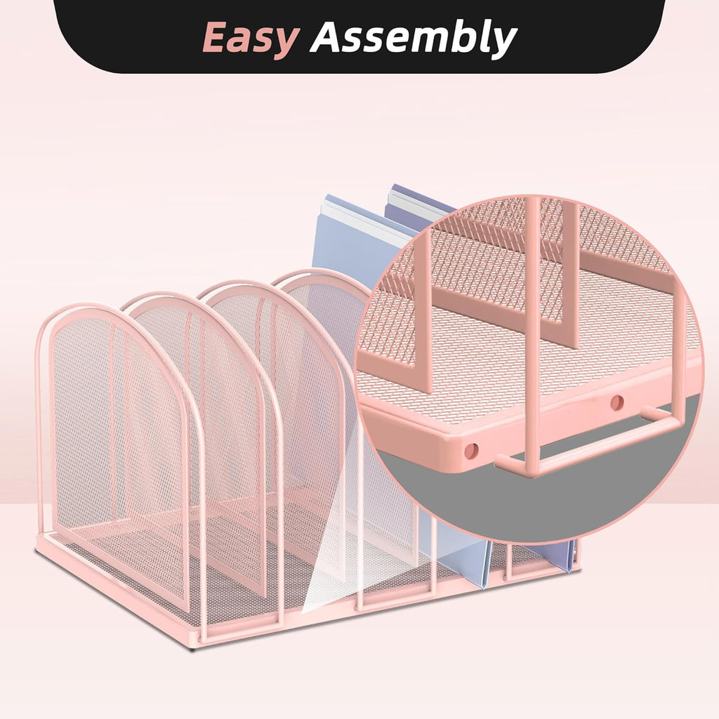 SUPEASY File Organizer - 5-Section Mesh Desktop File Sorter, Upright File Folder Holder for Office Supplies, Pink