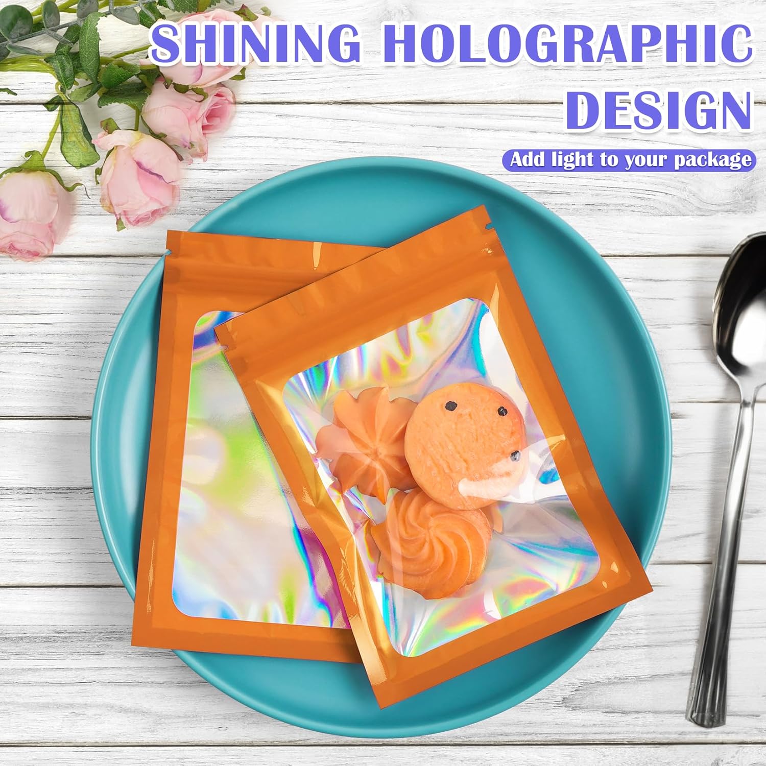 100 Pcs Mylar Bags, Smell Proof Bags Foil Pouch, Holographic Resealable Bags for Small Business, Candy Sample Jewelry Bag Sealable Packaging for Party Favor Food Storage (5.5x7.9in-Orange)