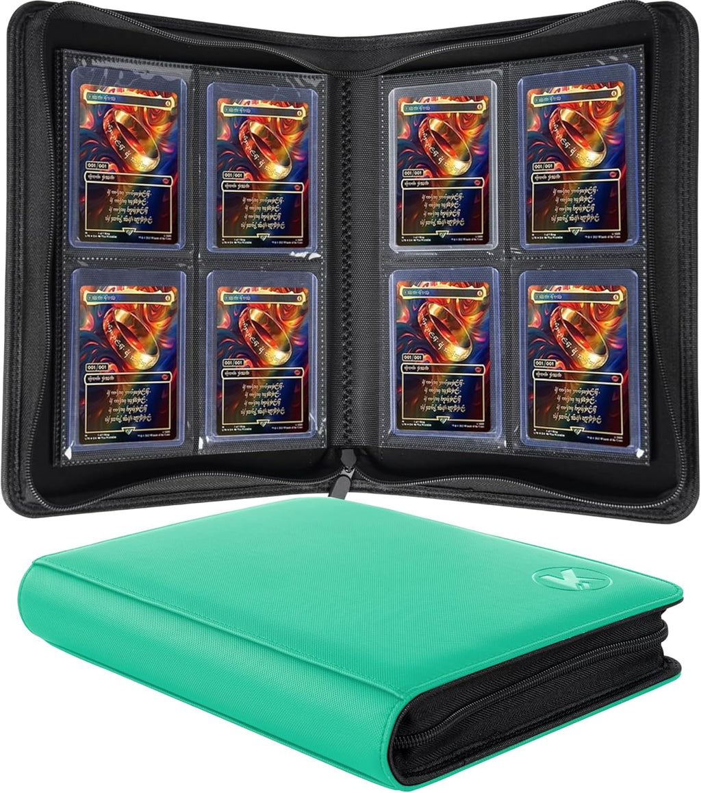 Toploader Binder, Holds 128+ Toploaders, 4 Pocket Top Loader Card Storage Case, Double-Sided Pockets for trading card in 3 x 4'' Toploaders (Light Green)