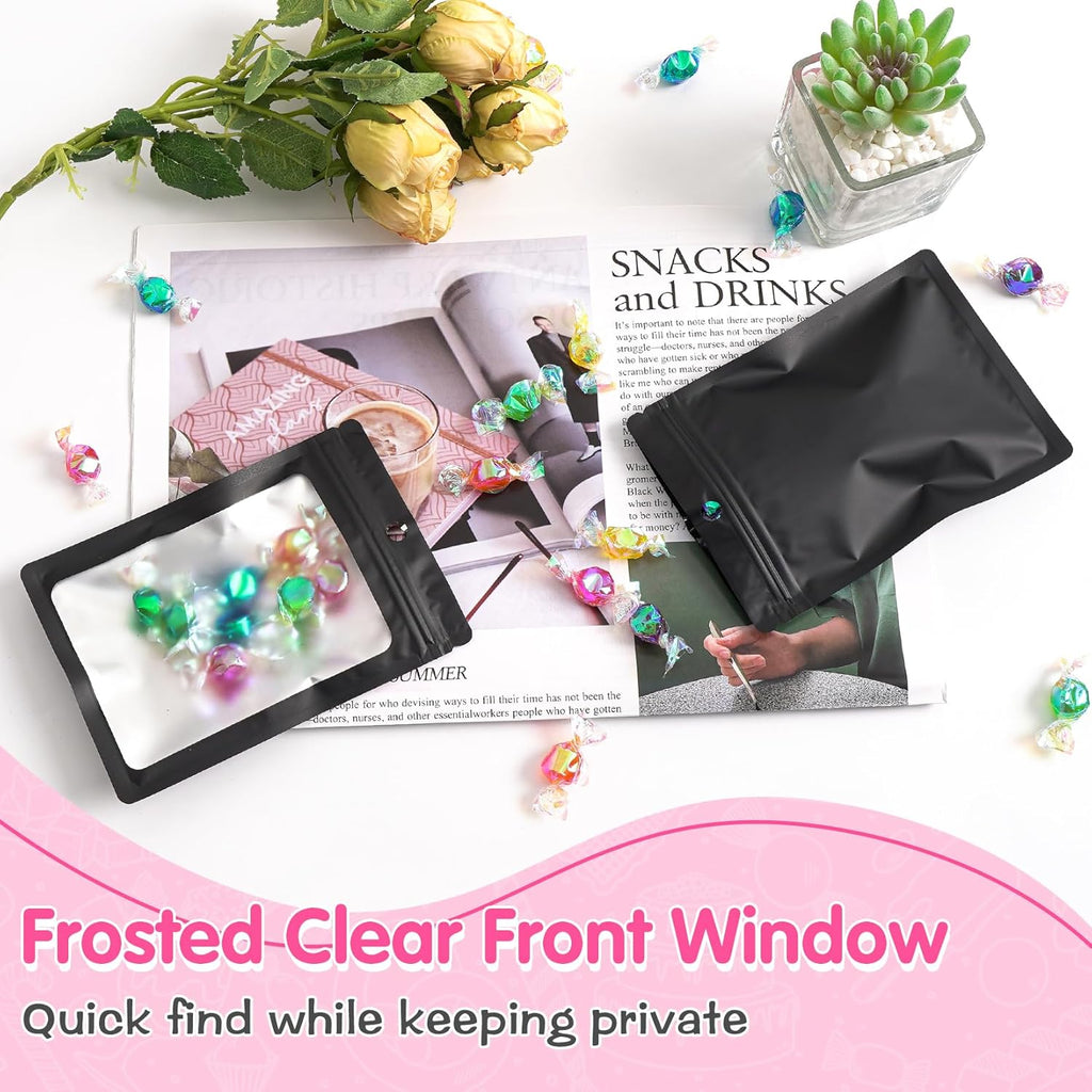 FUNFERY 100 Pack Mylar Resealable Bags Foil Packaging Bags with Clear Window,Zipper Pouch Smell Proof Bag for Food Storage,Cookies,Sample,Small Business(Black,5.5x7.9inch)