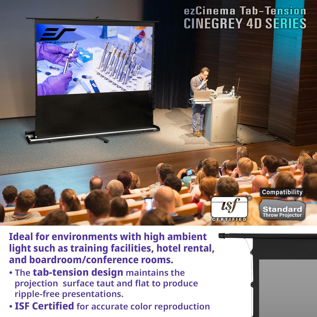 Elite Screens ezCinema Tab-Tension CineGrey 4D, 123-inch 16:9, Manual Floor Pull Up ISF Ceiling Ambient Light Rejecting, Portable Home Office Classroom Projector Screen with Carrying Bag, FT123UH-C4D