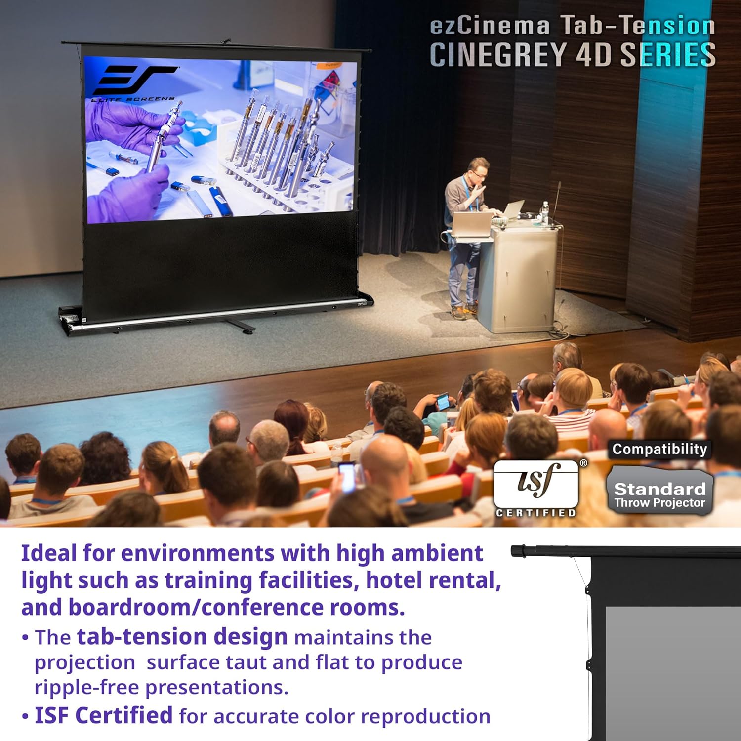Elite Screens ezCinema Tab-Tension CineGrey 4D, 123-inch 16:9, Manual Floor Pull Up ISF Ceiling Ambient Light Rejecting, Portable Home Office Classroom Projector Screen with Carrying Bag, FT123UH-C4D