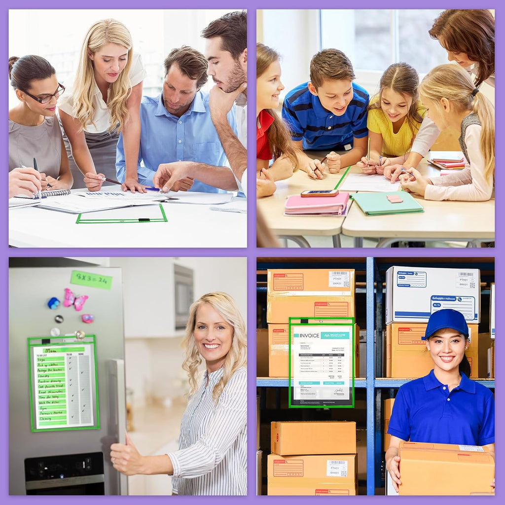 Nezyo Dry Erase Pockets Plastic Job Ticket Holders Shop Holder Order Pockets Clear Sleeves Tickets Folders Plastic Sleeves Paper Teacher Supplies for Classroom(14 x 10 in,Green,50 Pcs)