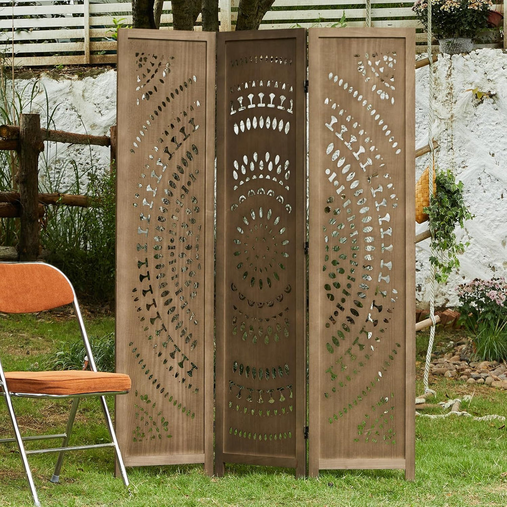 66.9Inch Folding Room Divider, 3 Panels Wood Carved Privacy Screens, Free Assembled Freestanding Partition for Home Office Restaurant Bedroom (Brown)