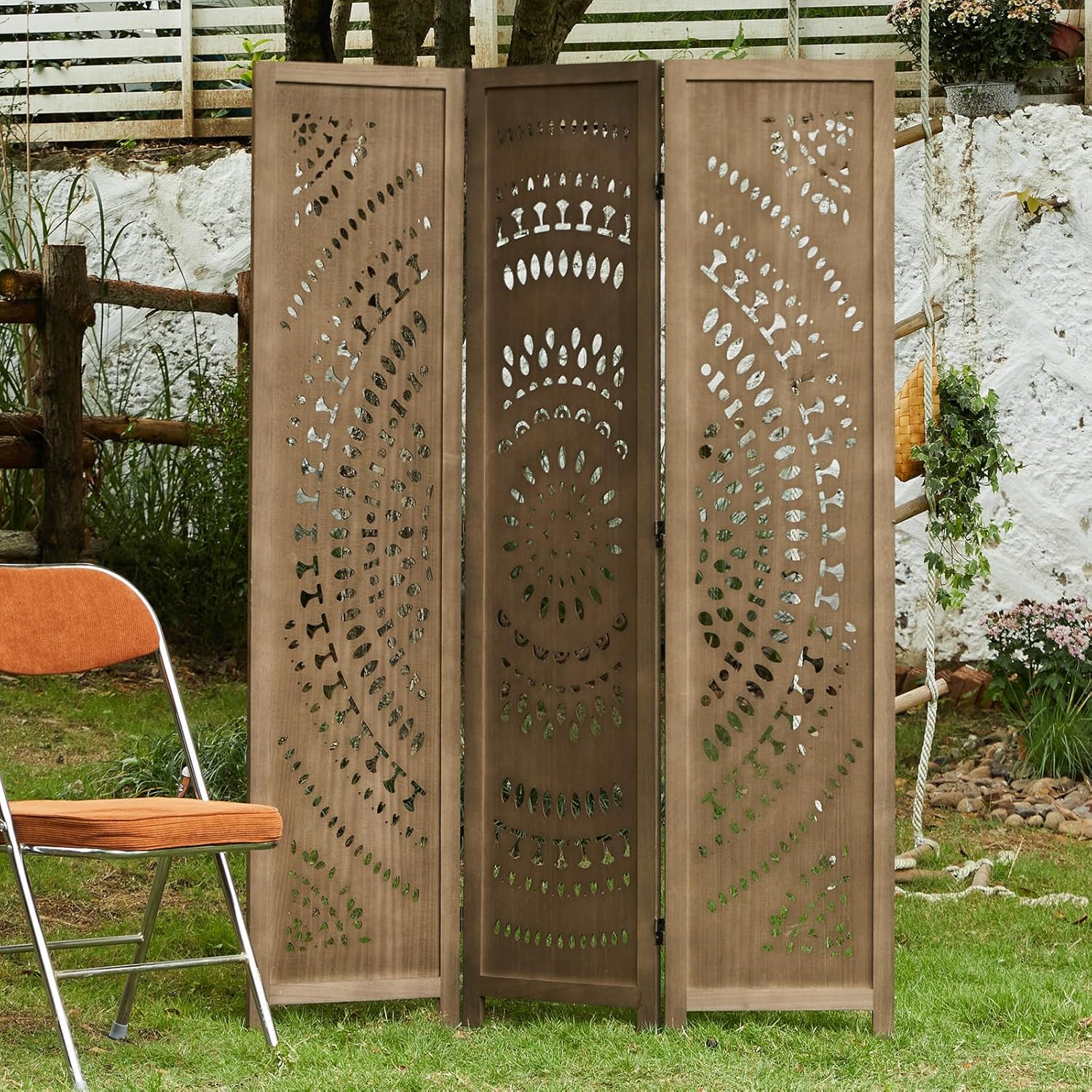 66.9Inch Folding Room Divider, 3 Panels Wood Carved Privacy Screens, Free Assembled Freestanding Partition for Home Office Restaurant Bedroom (Brown)