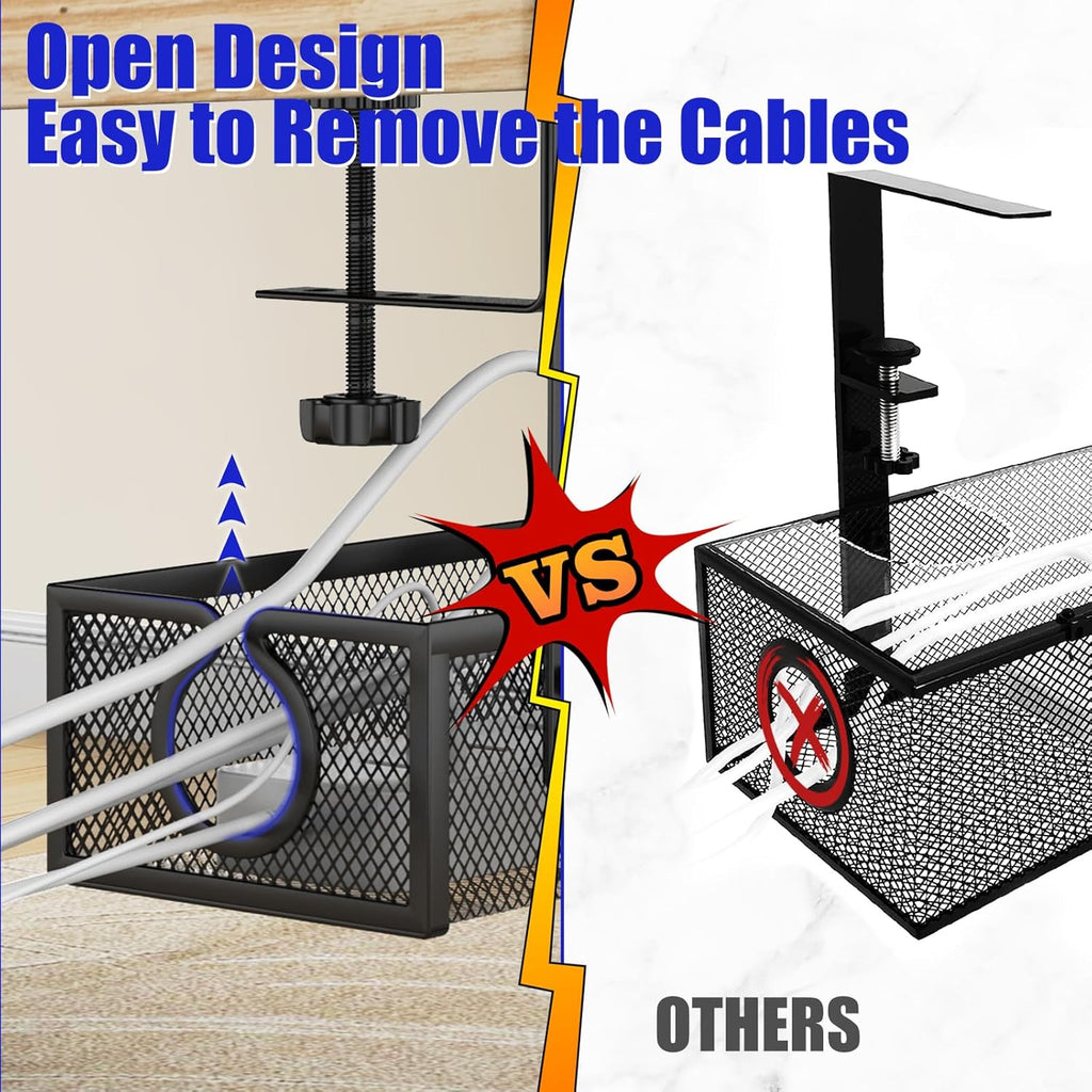 REFLYING Under Desk Cable Management Tray, Metal Long Arms(3.9in), No Drill Mesh Desk Cable Tray, Wire Management Tray Cable Management Box for Office, Desk Cable Tray Wire Organizer, 1 Pack, Black