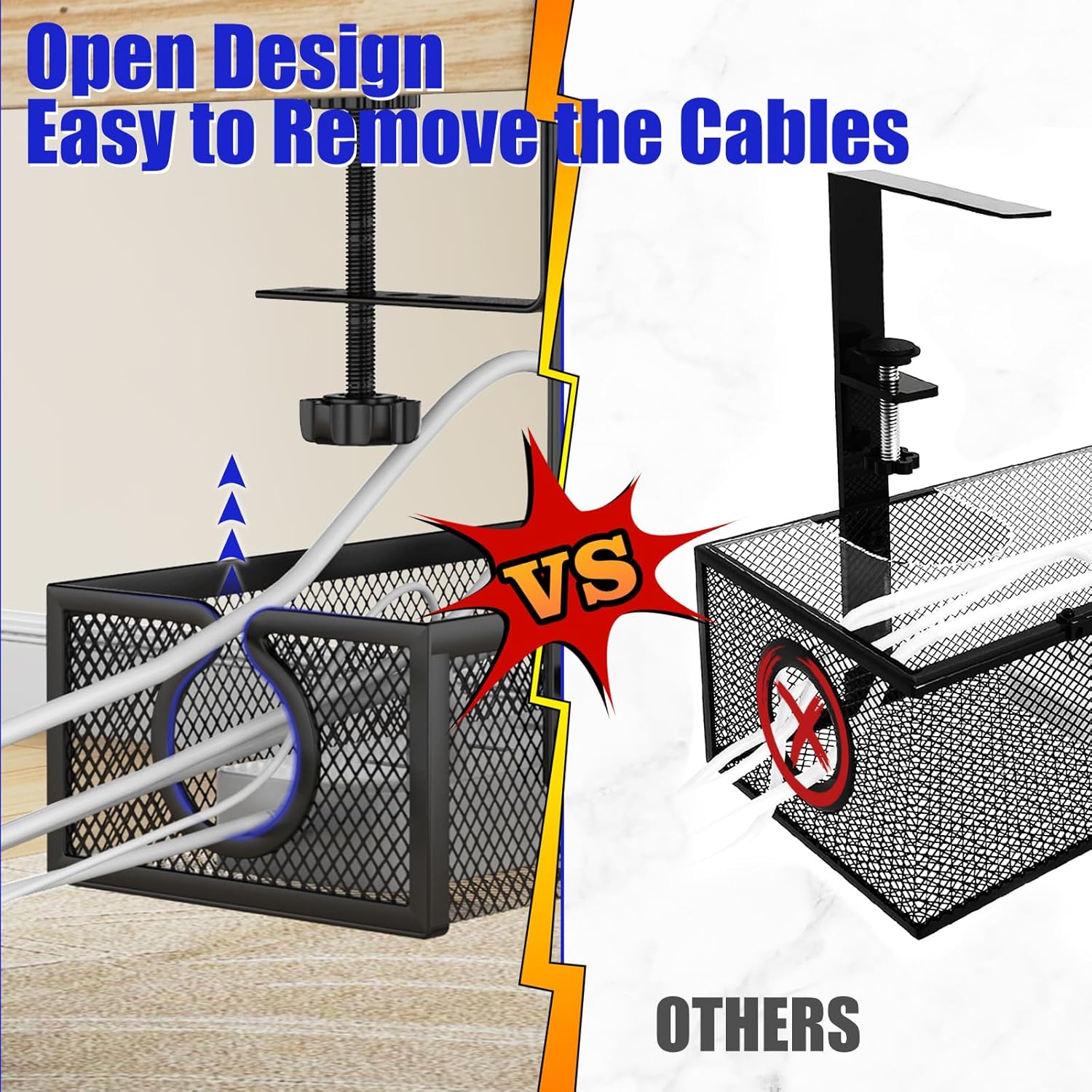 REFLYING Under Desk Cable Management Tray, Metal Long Arms(3.9in), No Drill Mesh Desk Cable Tray, Wire Management Tray Cable Management Box for Office, Desk Cable Tray Wire Organizer, 1 Pack, Black