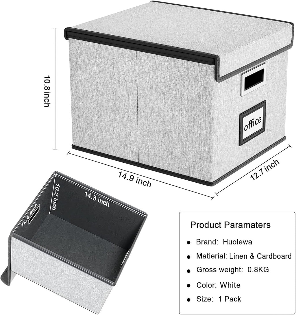Huolewa Decorative File Storage Organizer Box with Lid, Portable Collapsible Linen Hanging Filing & Storage Boxes for Office/Decor/Home (White) - 14.9 x 12.7 x 10.8 inch - 1Pack