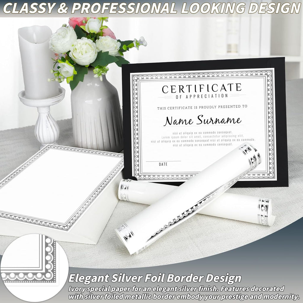 200 Sheet Silver Foil Award Certificate Paper Bulk 8.5 x 11 in for Printing Customizable Blank Cardstock Silver Border Certificate Laser and Inkjet Printer Friendly for Graduation Diploma Achievement