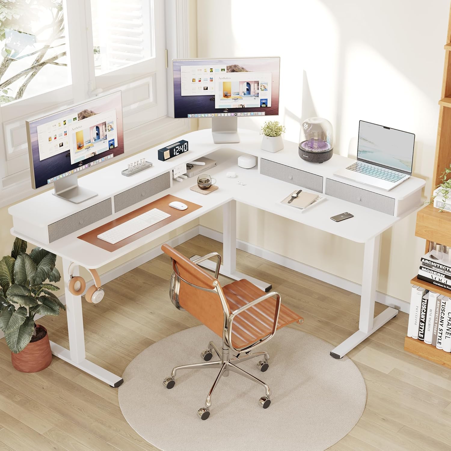 FLEXISPOT 63" L Shaped Standing Desk with Shelf Electric Corner Table, Drawers, Adjustable Computer Workstation for Home, Office,USB Charging Port, 63x55in, White Top + White Frame
