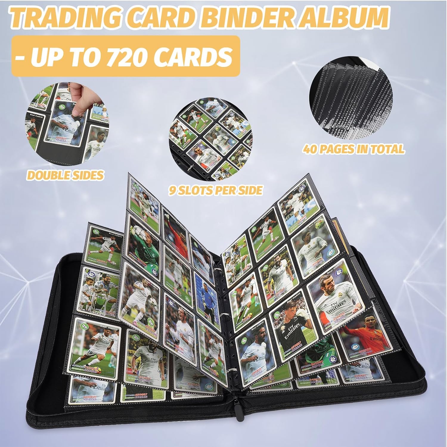 9 Pocket Card Binder, Premium Zip Trading Card Binder, 720 Double Sided Pocket PU Card Collection Binder, Collector Card Album, Card Folder for MTG, TCG, Sports Cards, Game Cards (Black2)