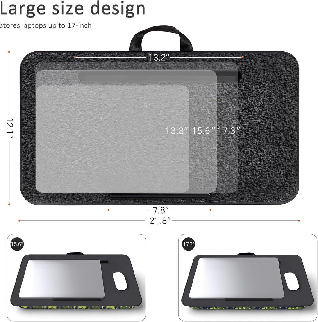 Millhome Lap Desk | Portable Laptop Desk – Fits Up to 17.3" Laptops – Detachable & Washable Cushion, Phone Holder, Device Ledge – for Writing, Working, Reading on Bed, Couch, Sofa, Floor – Green Palm