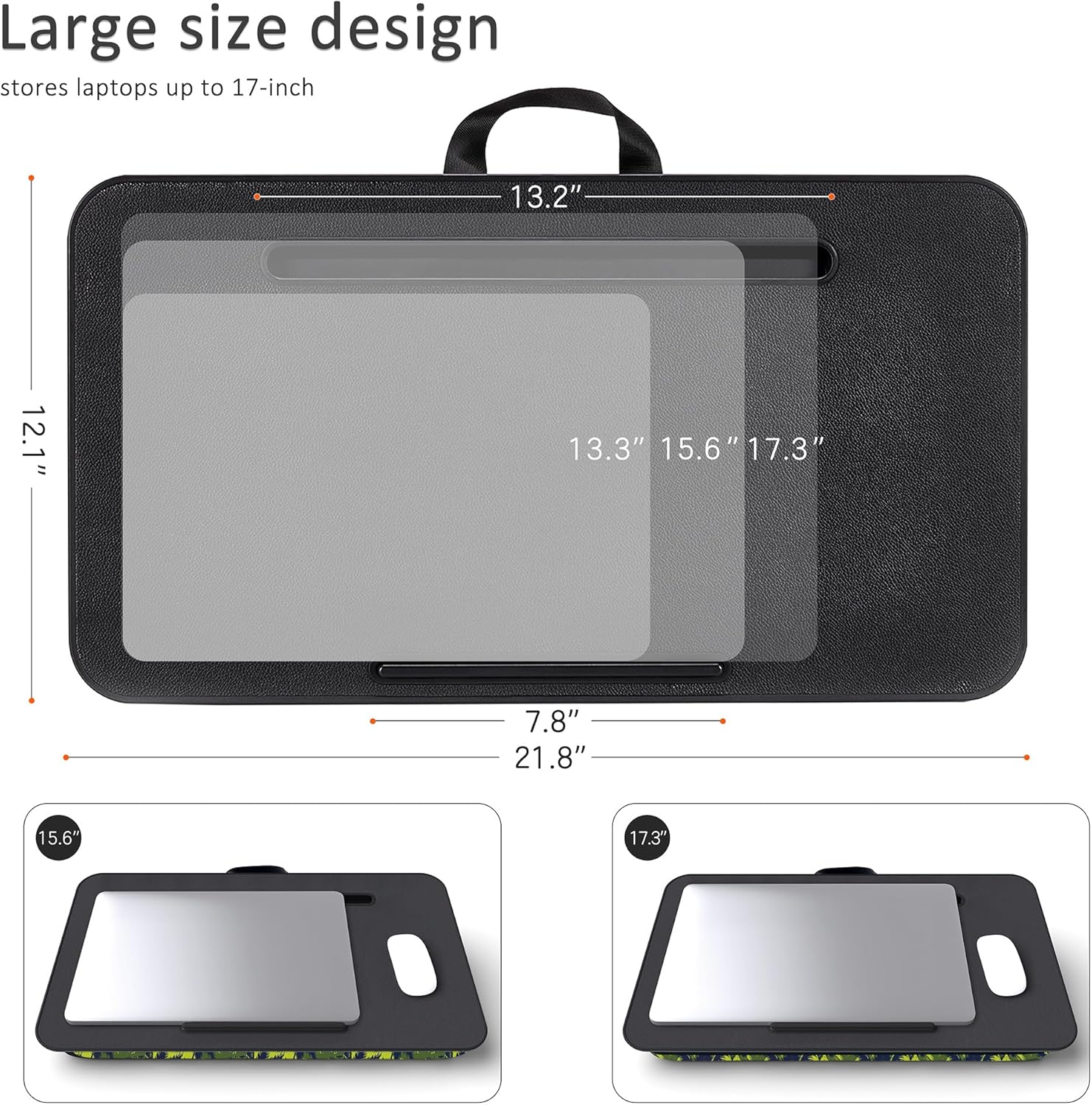 Millhome Lap Desk | Portable Laptop Desk – Fits Up to 17.3" Laptops – Detachable & Washable Cushion, Phone Holder, Device Ledge – for Writing, Working, Reading on Bed, Couch, Sofa, Floor – Green Palm