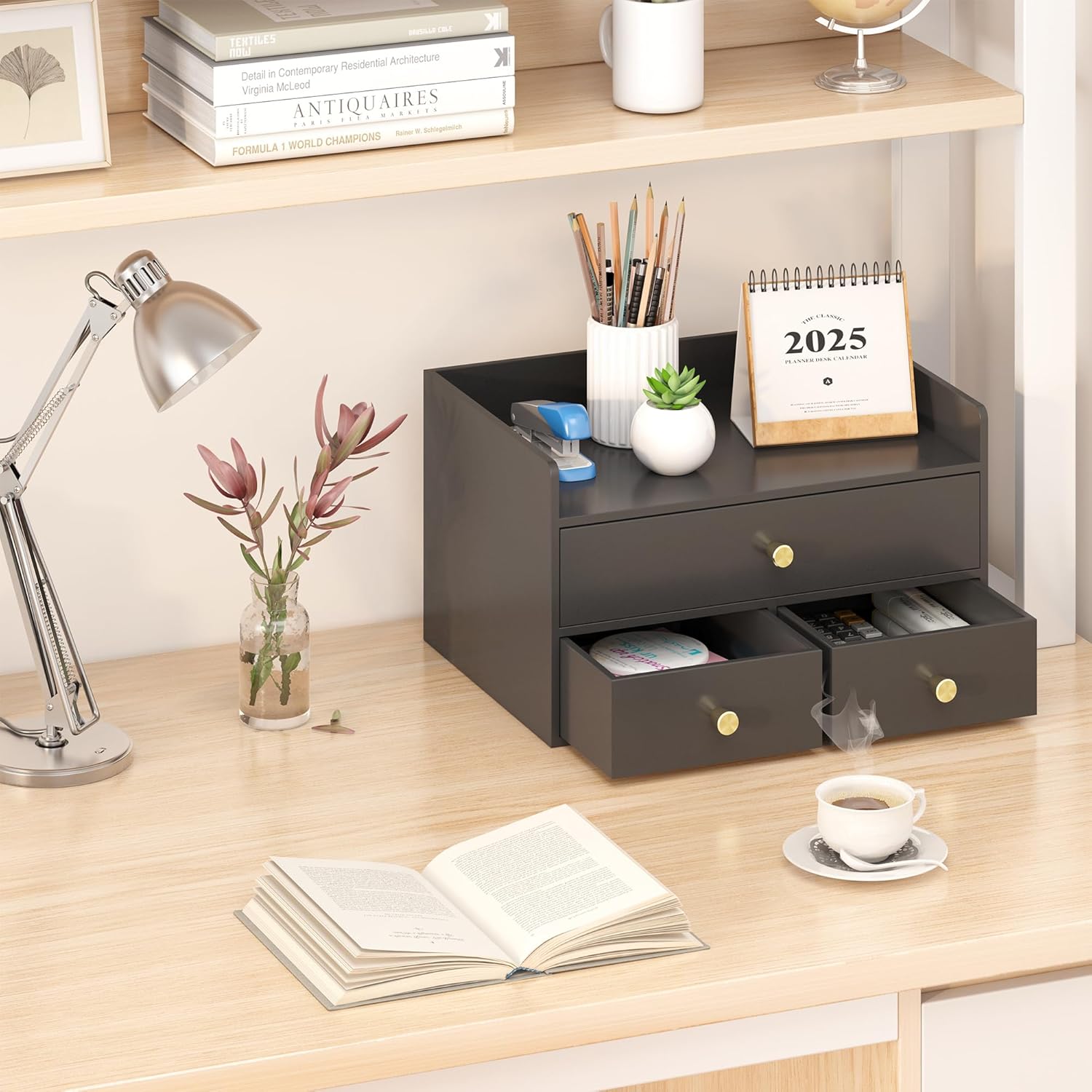 Bamboo Desk Organizer - Stackable, No Assembly Required, Ideal for Office/Home Use - Perfect for Toiletries, Stationery, Accessories. (Black, Fence three Desk Organizer)