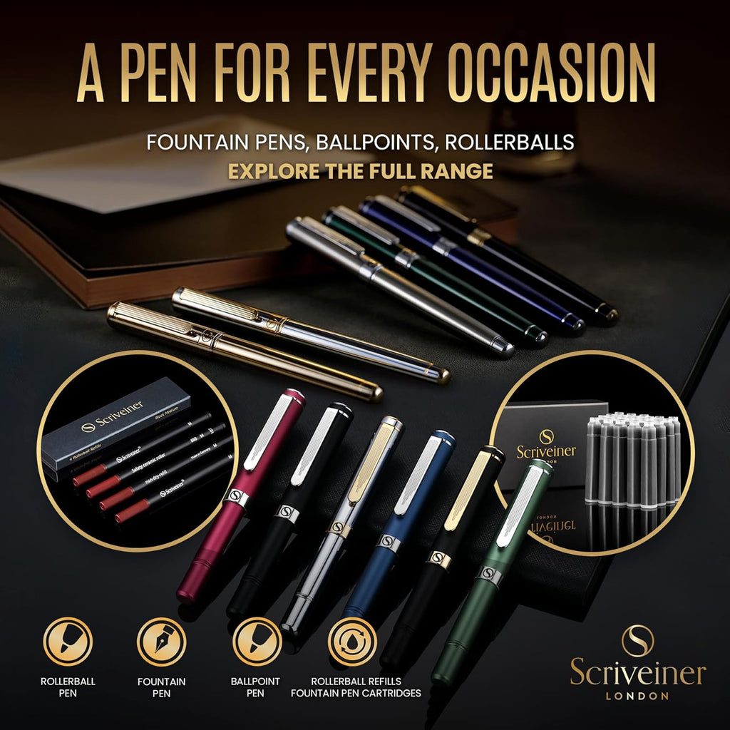 Scriveiner Personalized Silver Chrome Rollerball Pen - Stunning Luxury Pen, Real Gold Plating, Schmidt Ink Refill, Best Engraved Roller Ball Gift Set for Men & Women, Custom Name Engraving