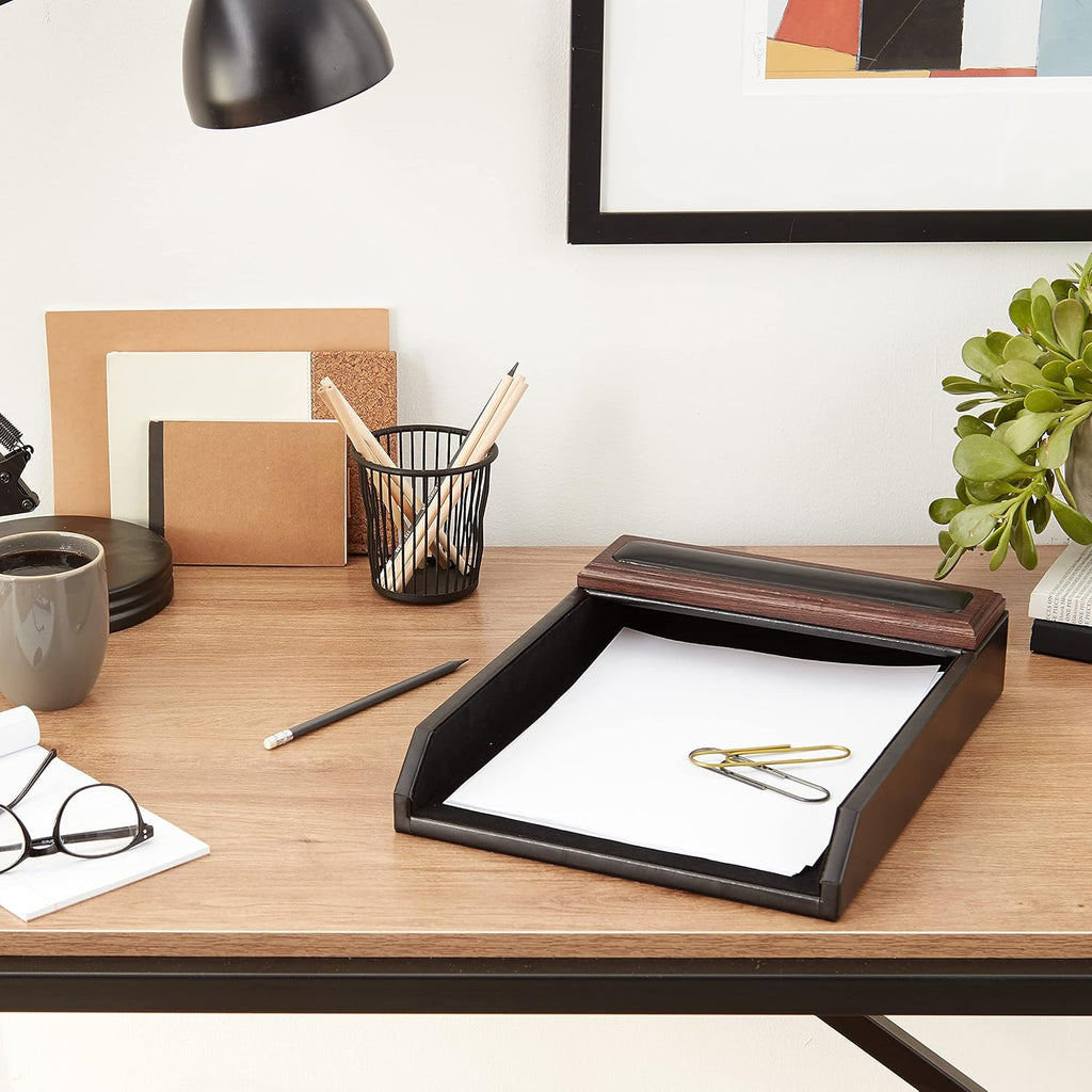 Dacasso Leather Desktop Letter Tray - Luxury Letter Holder & Paper Organizer for Desk - Office Organization & Executive Desk Decor - (Black)