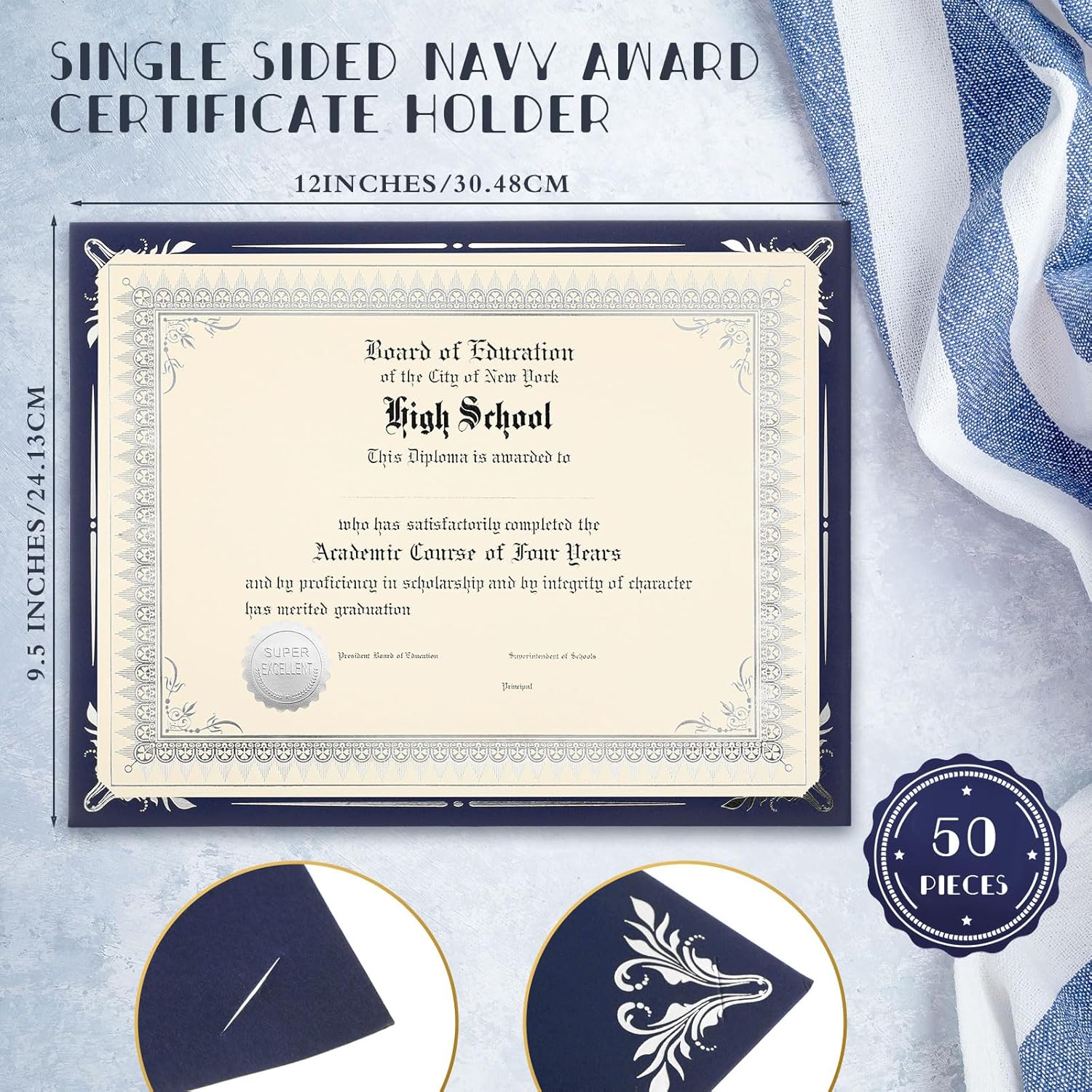 Fainne 50 Sets Certificate Kit Includes 50 Pcs 9.5 x 12 Inch Certificate Holders 50 Pcs Letter Size Papers 50 Pcs Foil Award Seals Diploma Covers for Appreciation(Navy Blue, Silver)