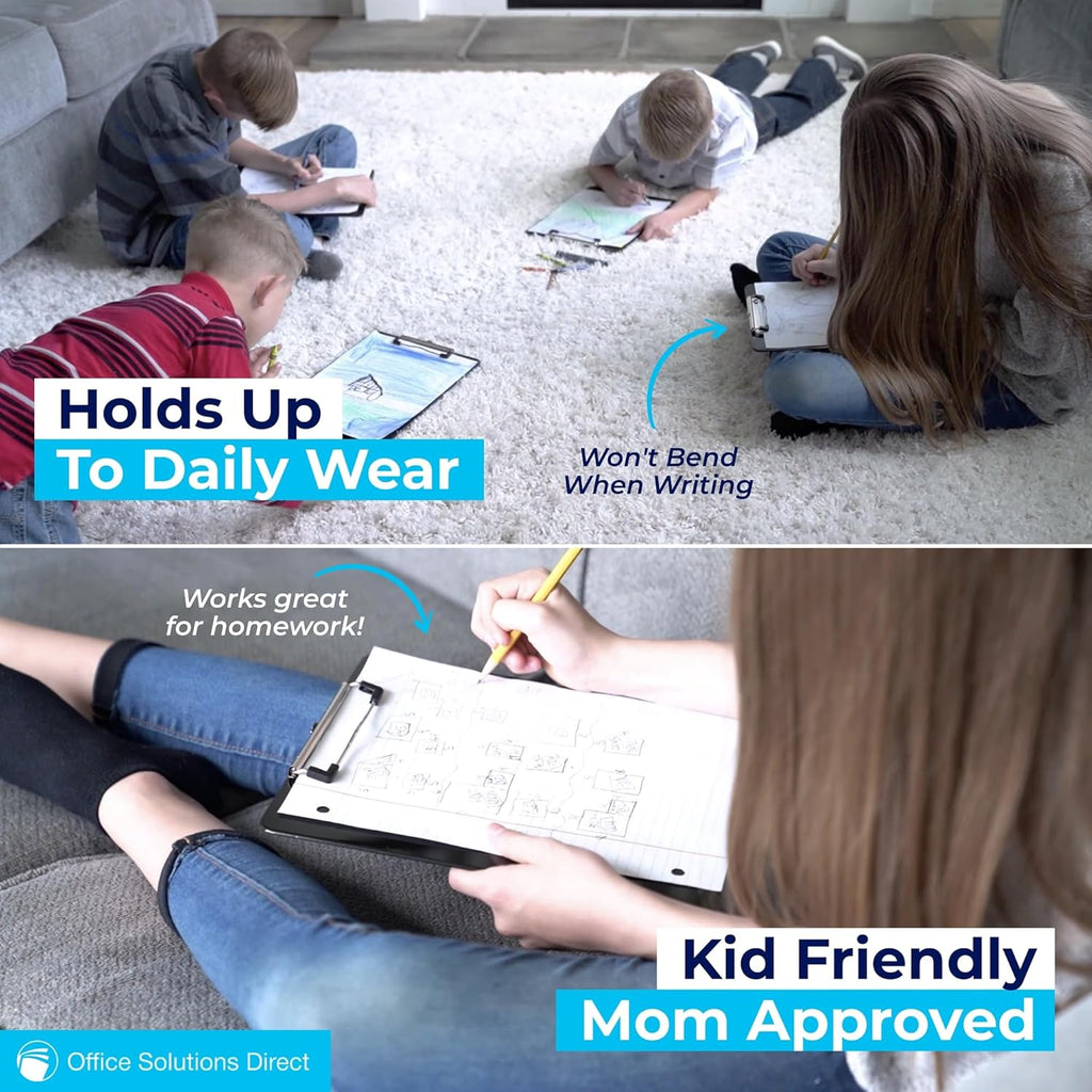 Black Plastic Clipboards (Set of 6) Multipack - 12.5x9 Inch Clipboard Holds 100 Sheets, Low Profile | Colored Acrylic Clip Boards in Bulk for Kids & Professionals