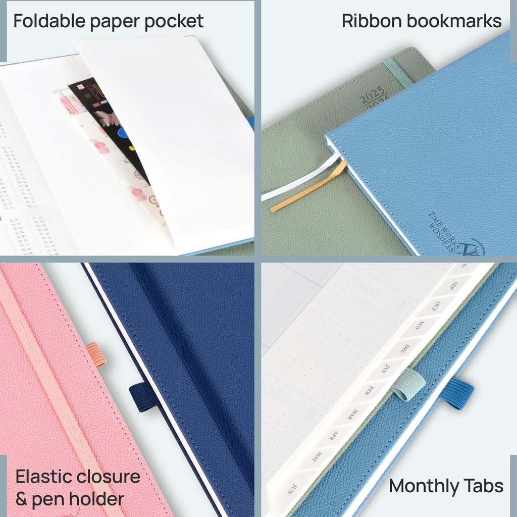 POPRUN Planner 2025-2026 (Medium 6.75''x 8.75''), Horizontal Weekly Notebook Jul.2025 - Jun.2026, Academic Appointment Book with Monthly Tabs, Leather Hardcover, Inner Pocket, 100 GSM - Navy Blue