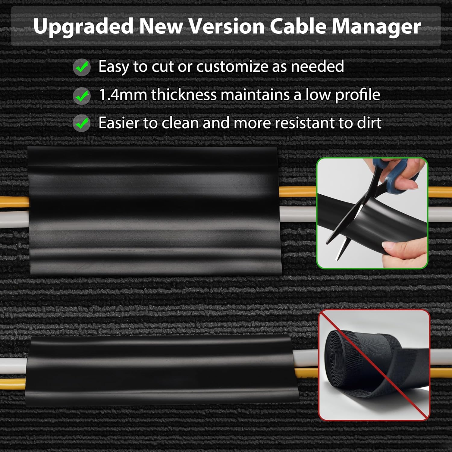 8.2Ft Cord Cover Floor, PVC Cord Covers for Wires on Floor, Soft Floor Cable Cover Cord Hider, Floor Cable Management Cable Protector for Commercial Office Carpet/Floors/Wall Black