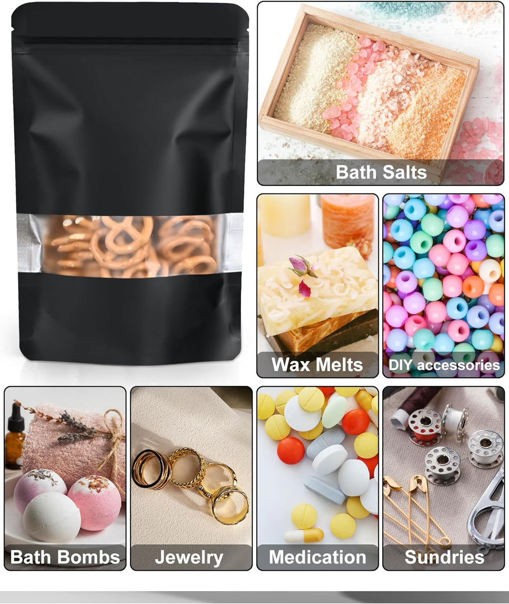 100 Pack Smell Proof Bags, Resealable Bags with Matte Window, Foil Pouch Stand Up Sealable Bags for Packaging（Black,3.5" x 5.1"）