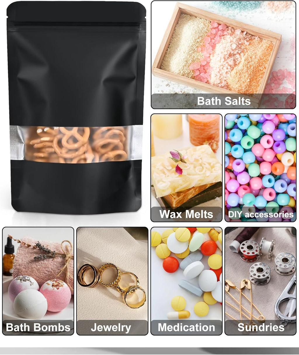 100 Pack Smell Proof Bags 4.7" x 7.9", Resealable Bags with Matte Window, Foil Pouch Stand Up Sealable Bags for Packaging（Black）
