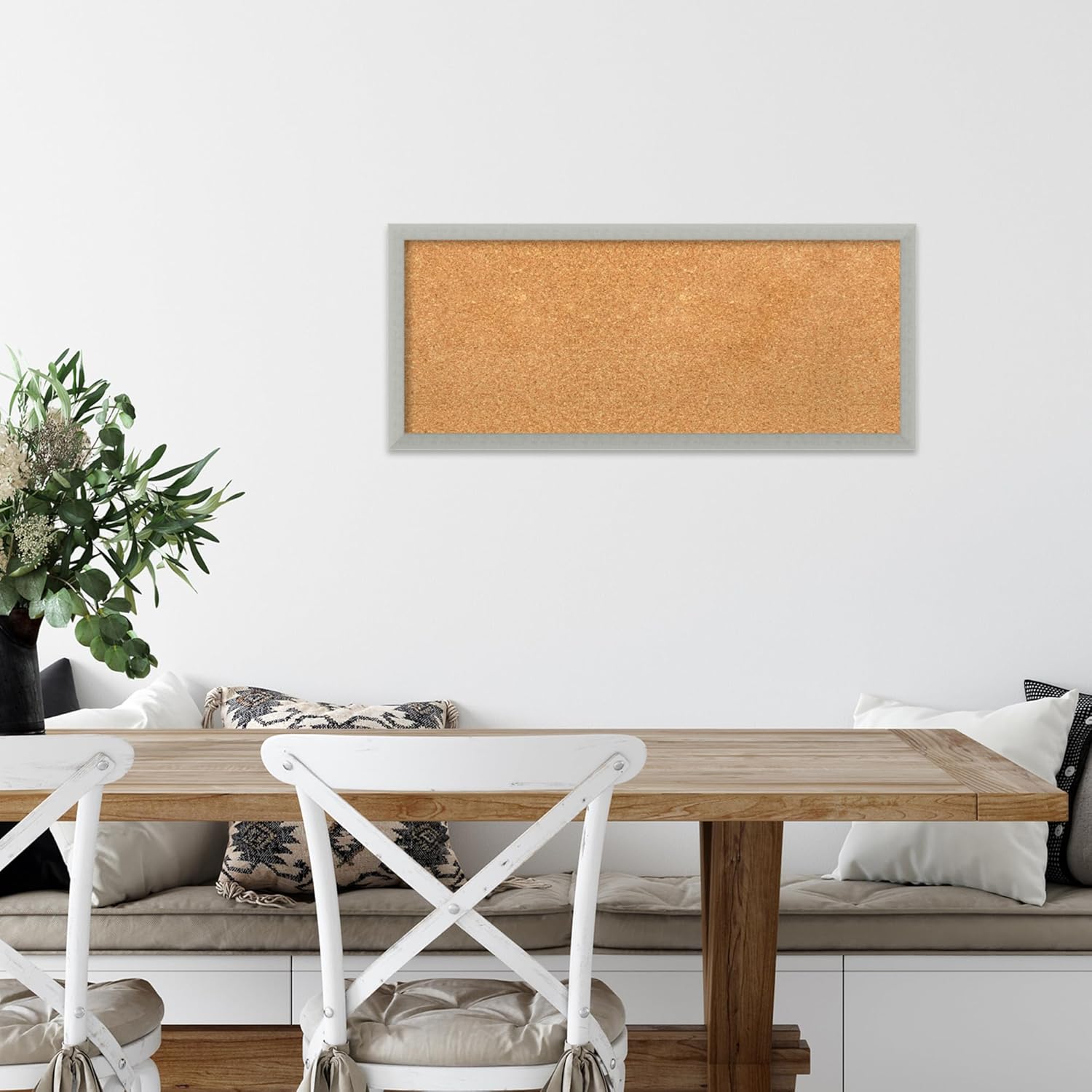 Amanti Art Natural Cork Board for Wall, 14x32 Vision Board with Silver Wood Frame, Medium Corkboard Office Decor for Home Organization, Casual Corkboard Pinboard to display items for home organization