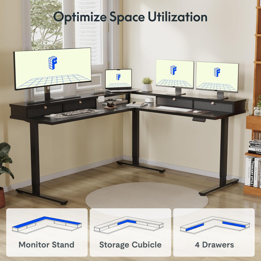 FLEXISPOT 71" Large L Shaped Standing Desk Electric Corner Table with Shelf, 4 Storage Drawers, Adjustable Computer Workstation for Home, Office, Game, Studio, Black Top + Black Frame