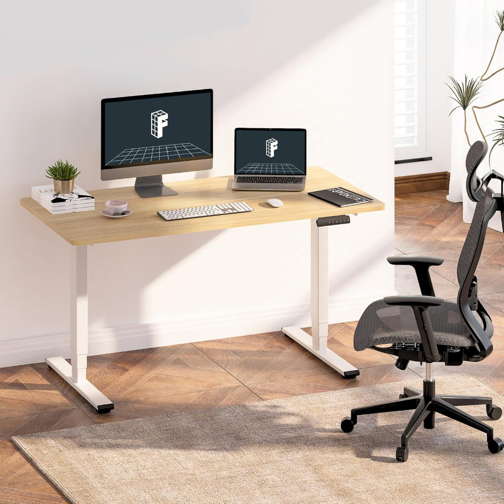 FLEXISPOT E6 Essential 3 Stages Dual Motor Electric Standing Desk 48x24 Inch Whole-Piece Board Height Adjustable Desk Electric Sit Stand Desk(White Frame + Maple Desktop, 2 Packages)