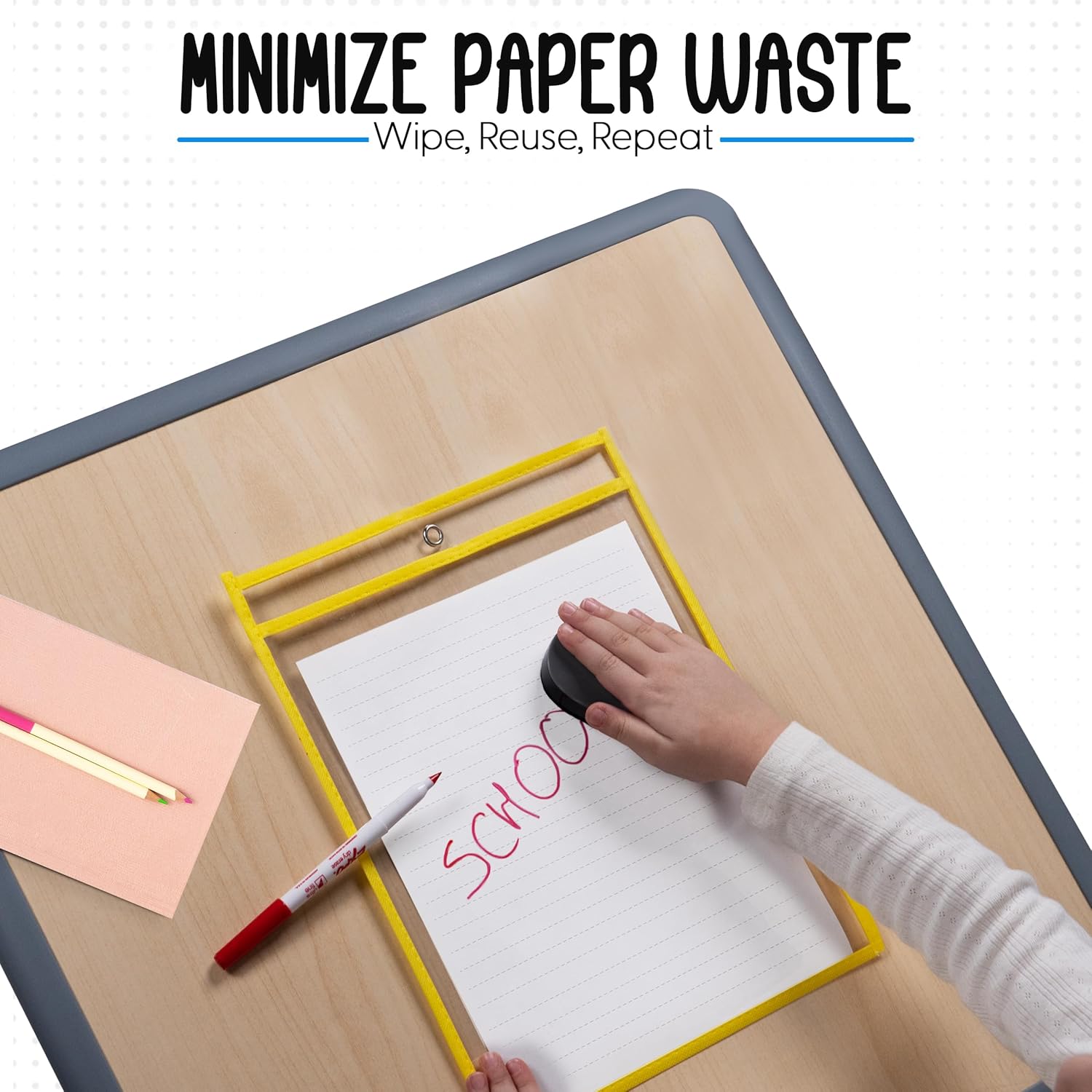 Essex Wares - 6 Pack, Yellow, Dry Erase Pocket Document Protectors, 10" Wide x 13.5" Tall - Dry Erase Clear Plastic Sleeves - Reusable & Easy Erase Plastic Invoice Holders, Water-Resistant & Durable